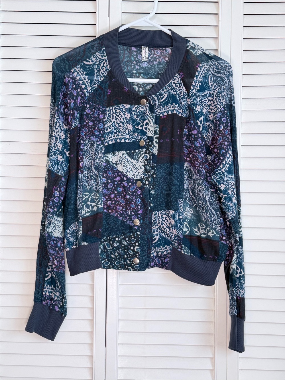 Intimately Free People Bomber Jacket Patchwork Snap Front Blue Semi Sheer Size M